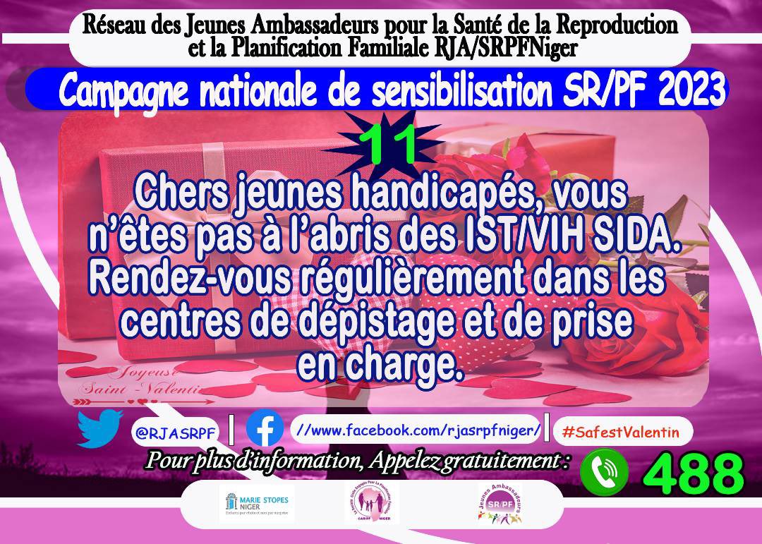 bagagi_darany's tweet photo. Chers jeunes handicapés, vous n'êtes pas à l'abris des IST/VIH SIDA.
Rendez-vous régulièrement dans les centres de dépistage et de prise en charge.
#SafeStValentin
#MSINiger
@RJASRPFNiger https://t.co/Gmuk6lVGqy