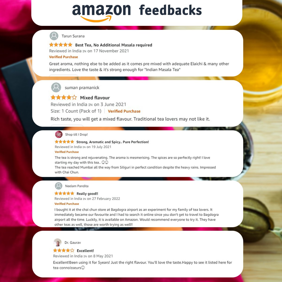 ChaichunT's tweet photo. Take a look at what our buyers have said about our product.😍🙏

Go through the reviews and discover why our product is unique compared to others. 🤩🥳

Buy our product, share your experience and get a chance to get featured in our story. 🫶

#chaichun #PickYourPerfectTe #besttea https://t.co/fKdWnfYisx