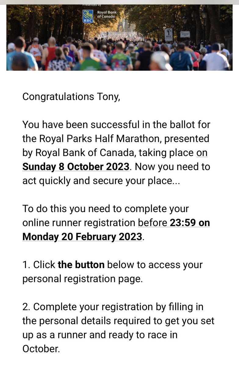 TonyRAgg's tweet image. At last, first successful ballot entry ever in running, and back in the day Ride London👍😀🌳🏃🏻‍♂️ @RoyalParksHalf #royalparkshalfmarathon #ukrunchat @Bcay_Striders 💛💙