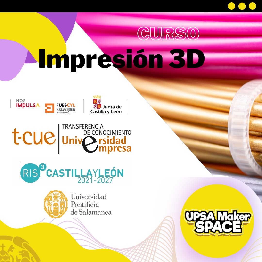 🌟Curso de impresión 3D
Se impartirán los conceptos básicos para aprender a imprimir en 3D con los recursos disponibles en el UPSA Maker Space.
📅 CUÁNDO: 17/02/2023, de 9 a 13 h. Aula S-42 
PONENTES: Rubén Martín García
Inscríbete:  ow.ly/O2l950MQzV0
¡Os esperamos!