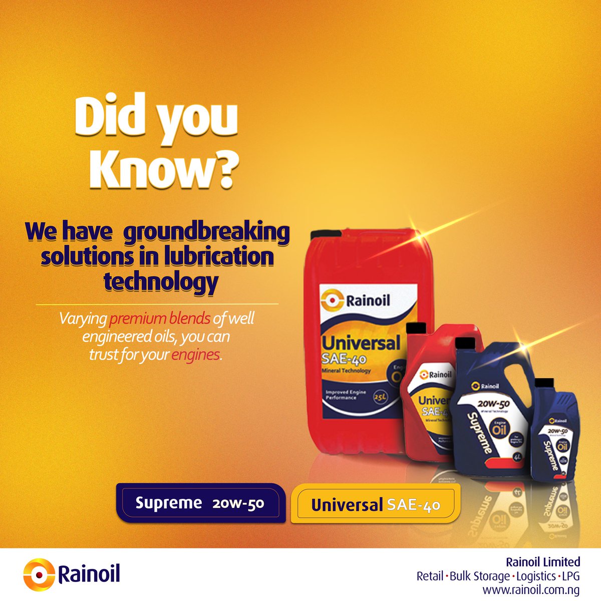 RainoilLimited's tweet photo. Do you want to get the best out of your engine or enjoy a more satisfying ride?
Our classes of lubricants have you covered.
Slide into smoother performance today.
#rainoillubes
#rainoil
#lubricants
#rainoillubricants https://t.co/BoSJk96NXy