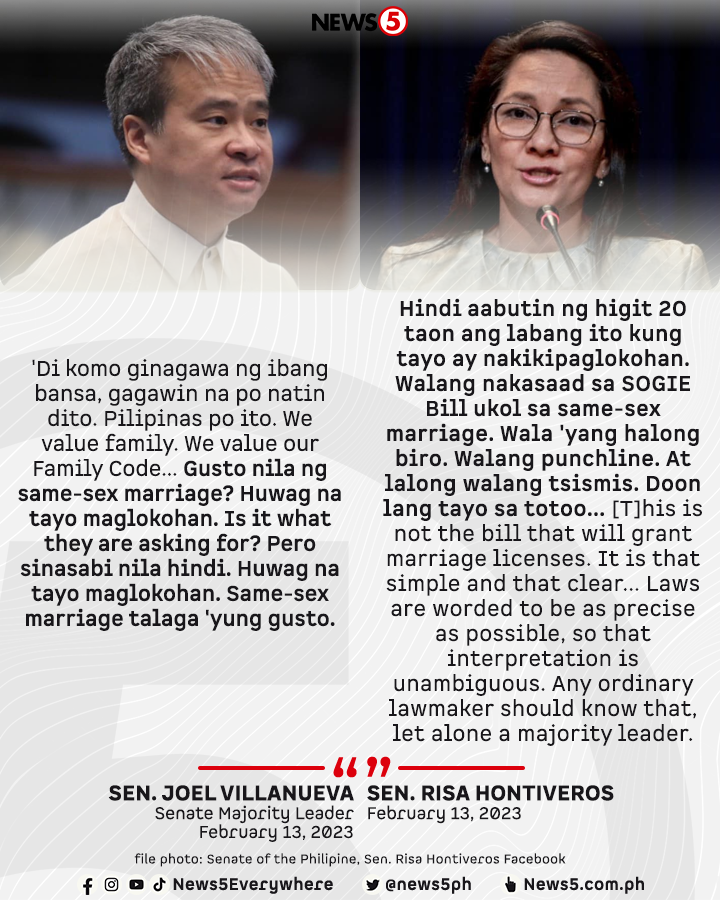 News5PH's tweet photo. Idiniin ni Sen. Risa Hontiveros na walang nakasaad tungkol sa same-sex marriage sa Sexual Orientation and Gender Identity Expression (SOGIE) Equality Bill, salungat sa naunang pahayag ni Senate Majority Leader Joel Villanueva. #News5

RELATED REPORT: https://t.co/SuryWPEhuS https://t.co/QqV9TkJWHC