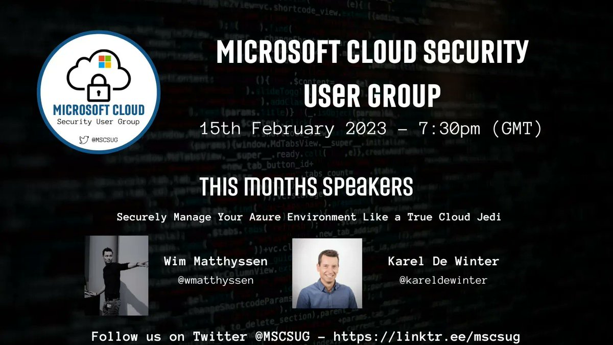 Cloud Security Insiders (@mscsug) on Twitter photo This Wednesday (15th) our February User Group Session with <a href="/wmatthyssen/">Wim Matthyssen #MC2MC</a> and <a href="/kareldewinter/">Karel De Winter ☁️</a>, talking about Securely manage your Azure environment like a True Cloud Jedi. Join us on @ 7.30 GMT - Sign up buff.ly/3X11fiN #CloudSecurity #Microsoftsecurity #azure This Wednesday (15th) our February User Group Session with <a href="/wmatthyssen/">Wim Matthyssen #MC2MC</a> and <a href="/kareldewinter/">Karel De Winter ☁️</a>, talking about Securely manage your Azure environment like a True Cloud Jedi. Join us on @ 7.30 GMT - Sign up buff.ly/3X11fiN #CloudSecurity #Microsoftsecurity #azure