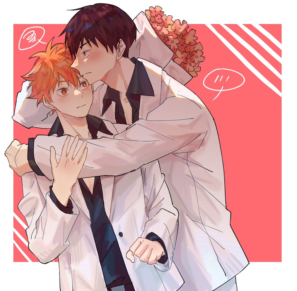 multiple boys 2boys male focus yaoi bouquet blush orange hair  illustration images