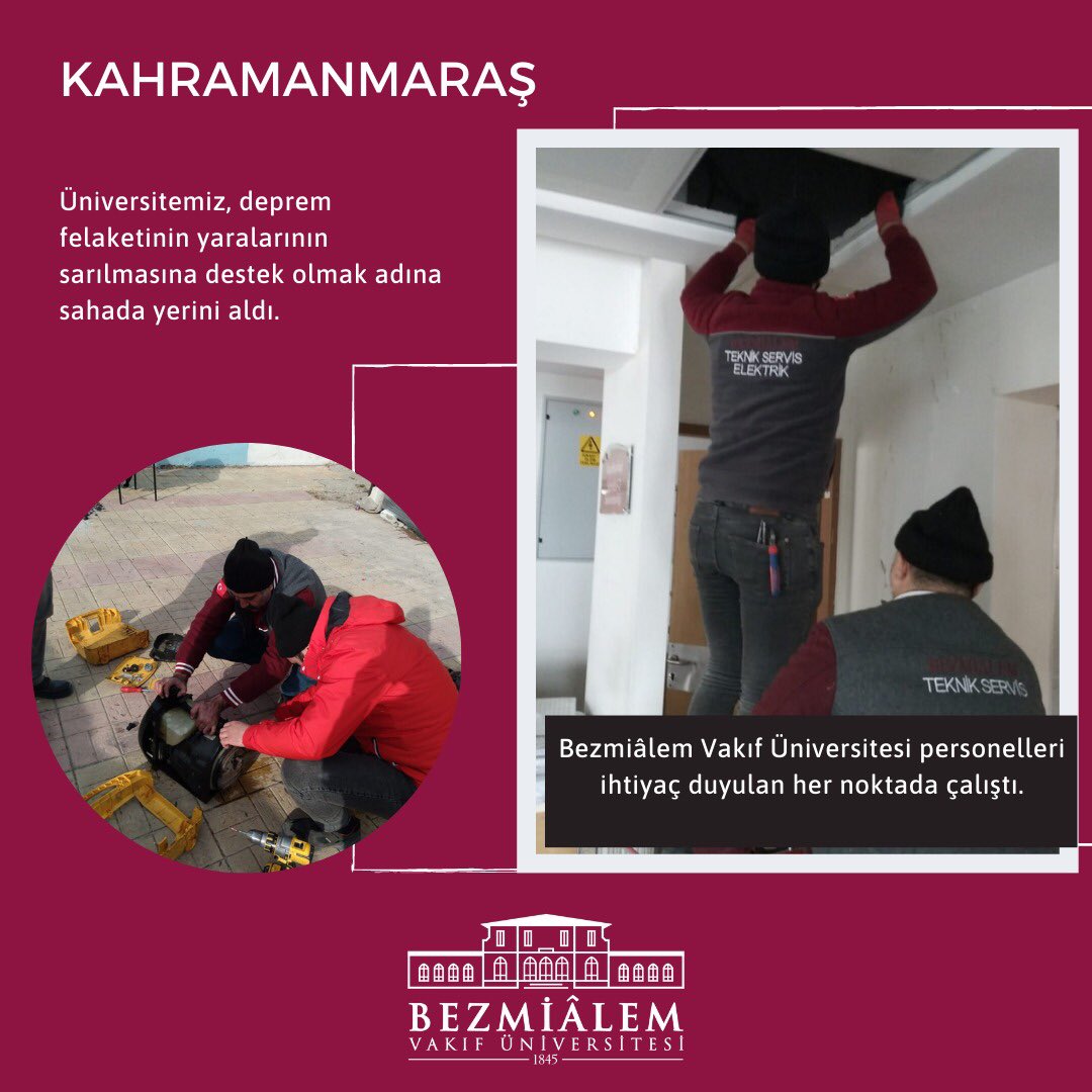 Bezmiâlem Vakıf Üniversitesi personelleri ihtiyaç duyulan her noktada çalışmaya devam ediyor.
Üniversitemiz, deprem felaketinin yaralarının  sarılmasına destek olmak adına sahada yerini aldı.