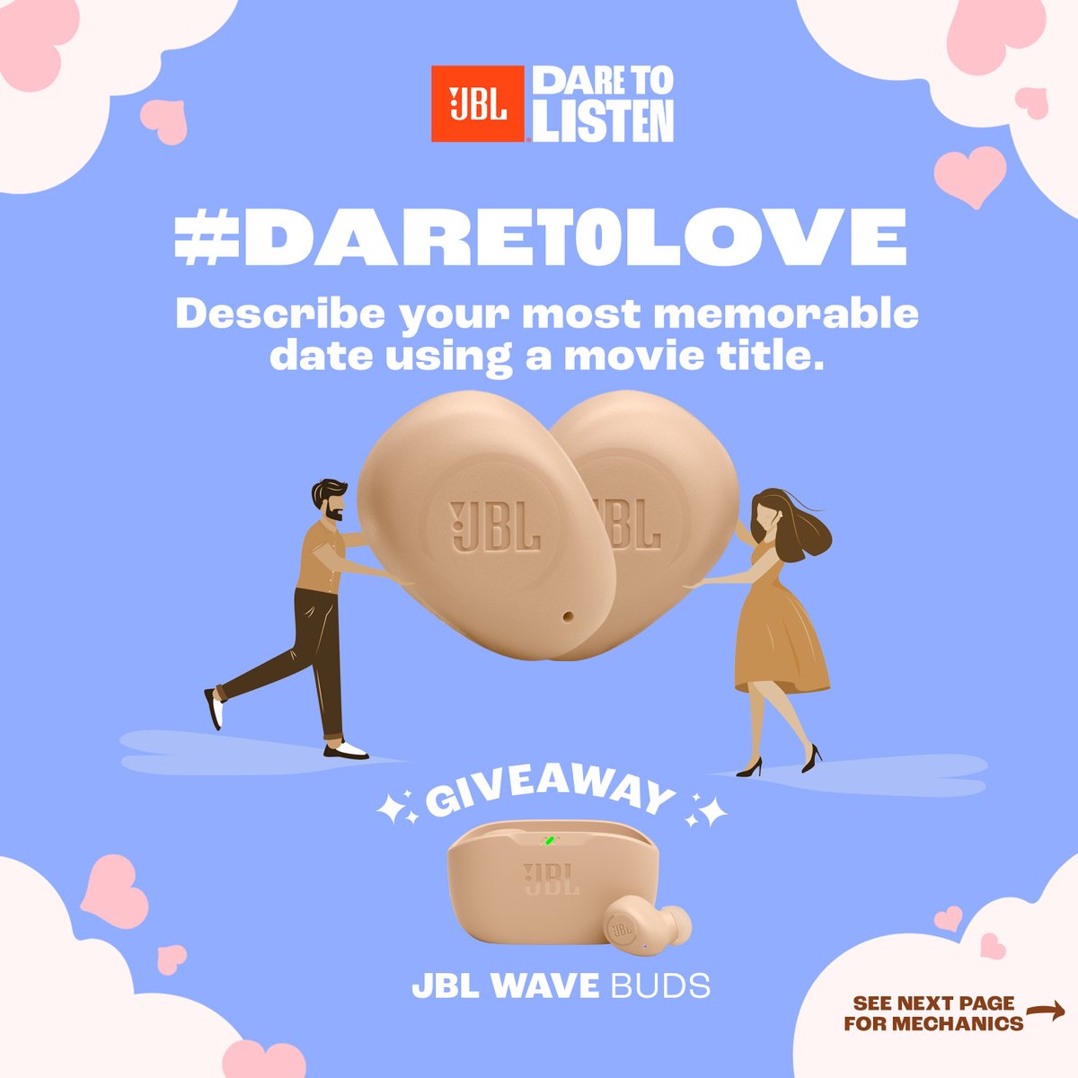 JBLPH's tweet photo. Was it Funny, Awkward, or Romantic? We dare you to describe your most memorable date using a movie title, nominate another couple, and win a JBL Wave Buds for yourself!

Click here for the complete mechanics: https://t.co/R6cII7sndK

Giveaway runs from February 9-17, 2023 https://t.co/oHcJtUuOlC