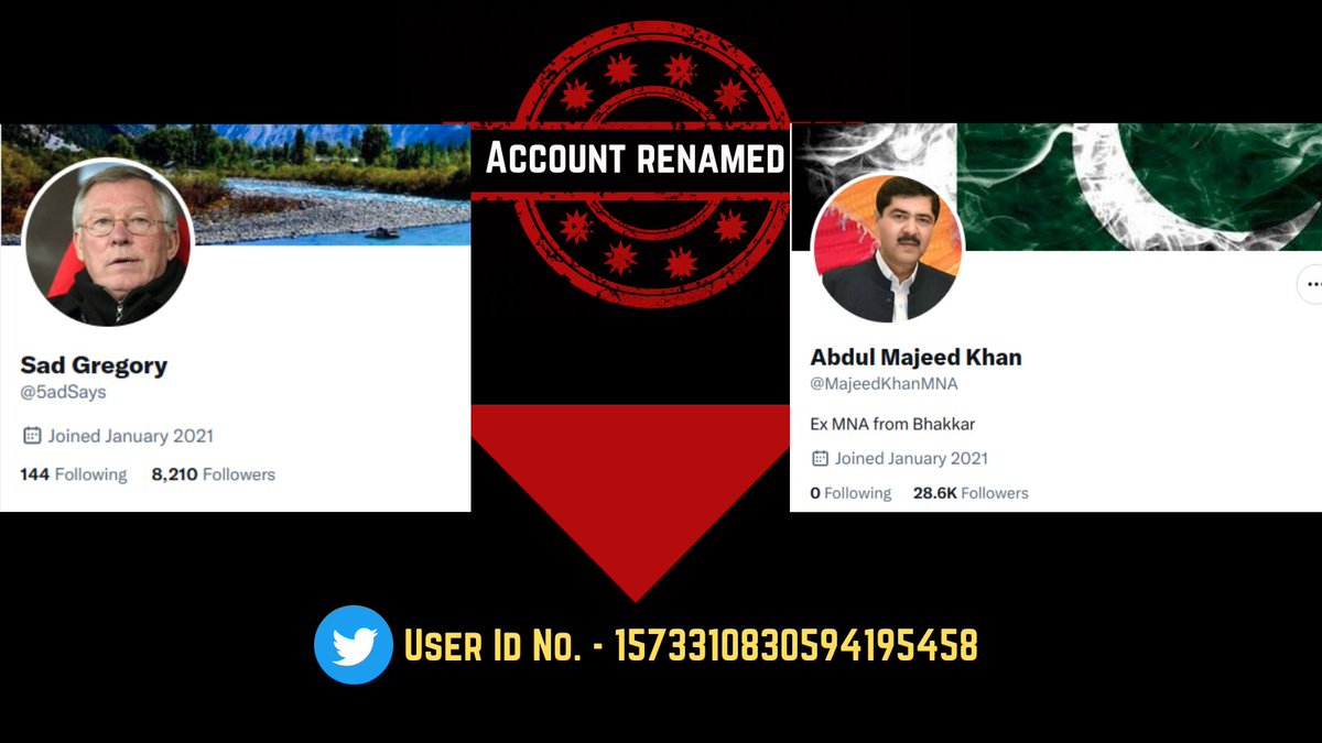 WhBlowers's tweet photo. #Fake Alert
Account renamed - @5adSays to @MajeedKhanMNA 
The user ID for both account are found to same
#Pakistan https://t.co/7Hc8GE7yNt