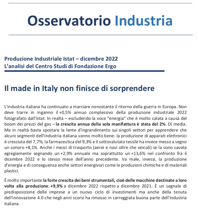 #𝑶𝒔𝒔𝒆𝒓𝒗𝒂𝒕𝒐𝒓𝒊𝒐𝑰𝒏𝒅𝒖𝒔𝒕𝒓𝒊𝒂 - 𝑰𝒍 #𝒎𝒂𝒅𝒆𝒊𝒏𝑰𝒕𝒂𝒍𝒚 𝒏𝒐𝒏 𝒇𝒊𝒏𝒊𝒔𝒄𝒆 𝒅𝒊 𝒔𝒐𝒓𝒑𝒓𝒆𝒏𝒅𝒆𝒓𝒆 A dicembre 2022, secondo i dati <a href="/istat_it/">Istat</a> la crescita annua della sola manifattura italiana è stata in media del 2%👉 bit.ly/3XlzVfu
