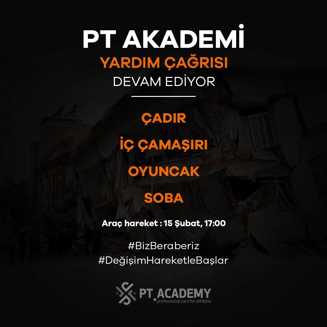 Bugün ve yarın deprem bölgesine doğrudan ileteceğimiz ihtiyaçları toplamaya devam ediyoruz. İç çamaşırı, ısıtıcı, çadır, oyuncak öncelikli. Caddebostan merkez PT Akademi malzemelerin toplanma yeri. 
#DEPREMZEDELER #depremzede