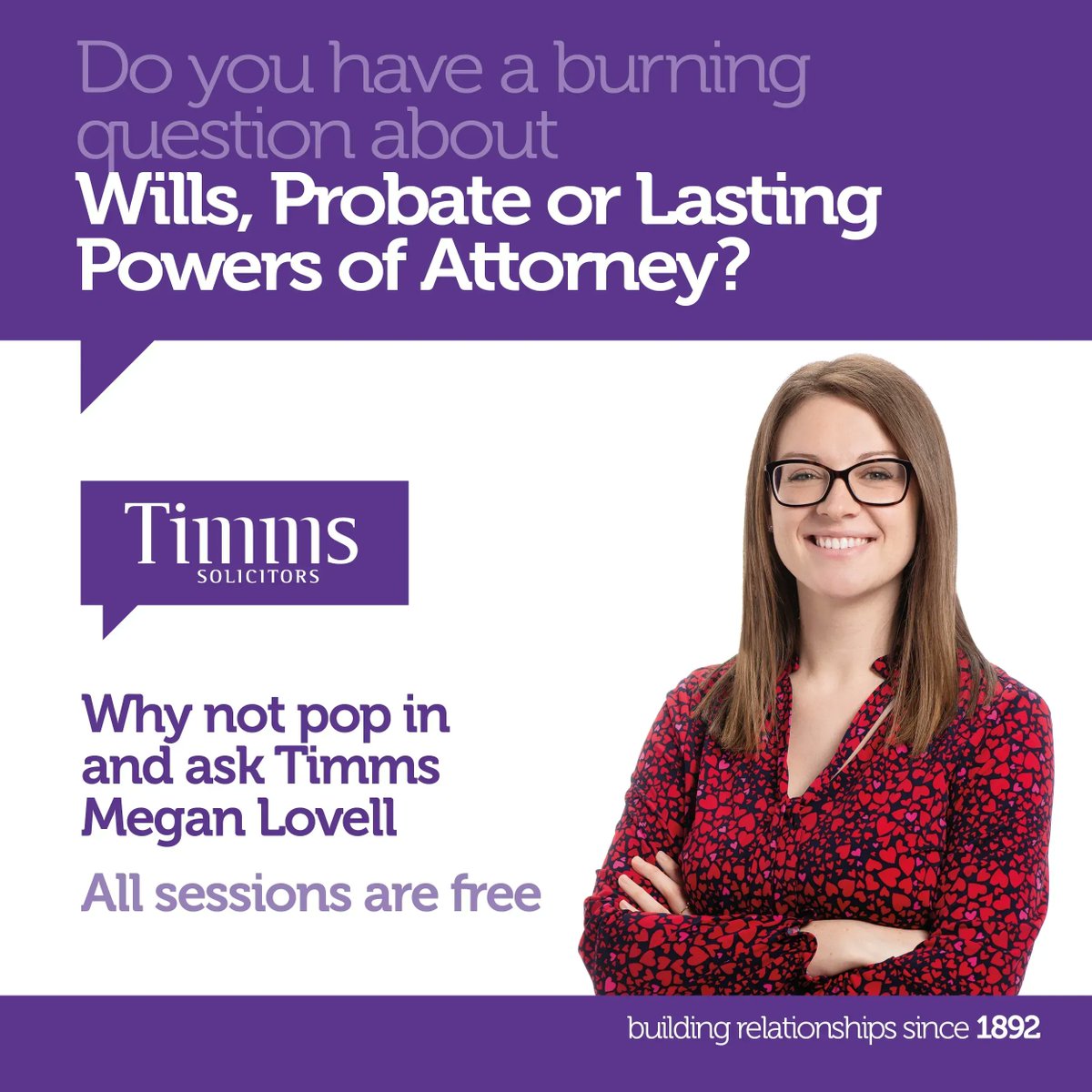 At #Timms every #Will we make is specifically bespoke to the individual making it that's why #Wills & #Probate Solicitor Megan Lovell is offering free sessions every Wednesday 9.30-12 in February. Pop into the #Ashby branch or book in on 01530 564498. #willwriting #writeawill