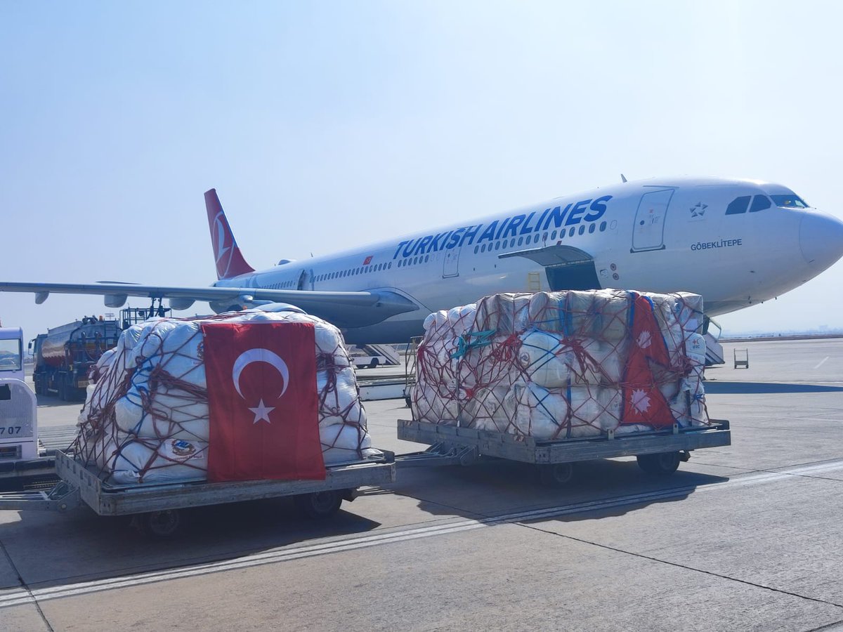 The Government of Nepal has dispatched the first shipment of over twenty-two tons of relief materials containing medicines, medical equipment, warm clothing, and other basic essential items for the earthquake affected people of Türkiye this afternoon through the Turkish Airlines.