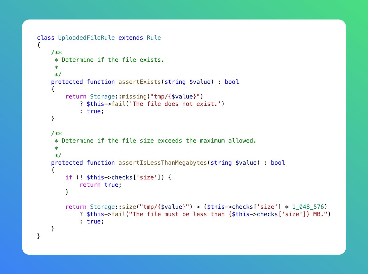 mattkingshott's tweet photo. 🔥 #Laravel Tip: As promised, here's the uploaded file validation rule that I demoed the API of last week. It checks for file existence, max file size and image validity.

👉🏻 Follow the link in the reply for the full gist (which contains a lot more code). https://t.co/7CjmP6chEz