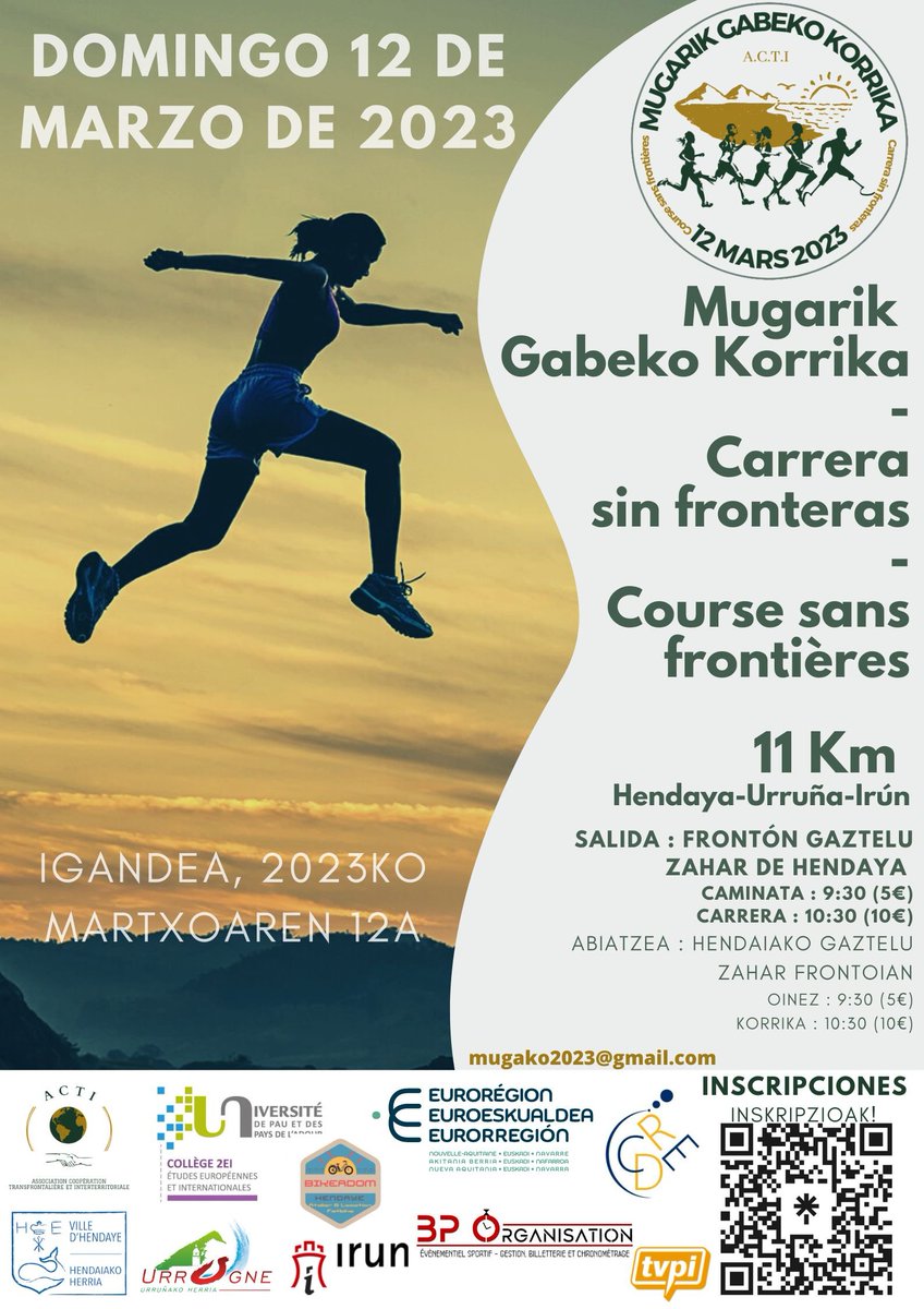 Course_MGK2023's tweet photo. ‼️‼️🥳  #JOUR_26

COURSE ET MARCHE TRANSFRONTALIÈRE: 11 KM

MUGARIK_GABEKO_KORRIKA/COURSE SANS FRONTIÈRES
🗓: dimanche, 12 mars 2023
🔄: HENDAYE, URRUGNE, IRUN

Des prix vous attendent🏅🏆 https://t.co/r5pi93j3vf

@Euroregion_naen
@MediabaskInfo 
@SO_Pau 
@sudouest
@CommunautePB https://t.co/nMoFfMB07x