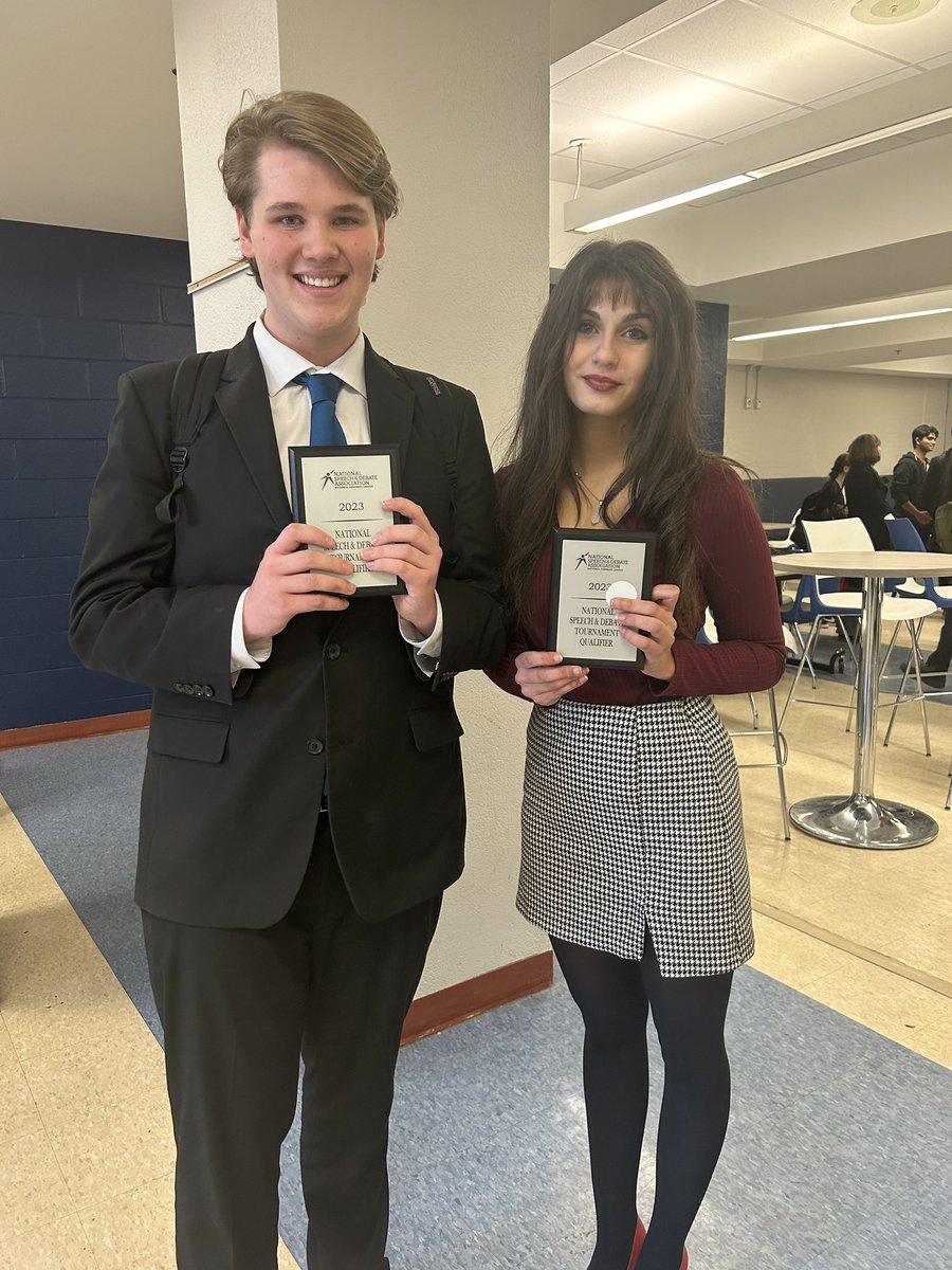 spatrick125's tweet photo. Congrats BBHHS’ Colette Sarli-Freeman &amp; James Patrick for qualifying for the National Speech &amp; Debate Tournament in Congressional Debate!  Colette is a 2x National Qualifier and James is a 4x National Qualifier!  They will be competing at Nats in Phoenix AZ in June.  @KevinJakub https://t.co/DDaGgY7OeP
