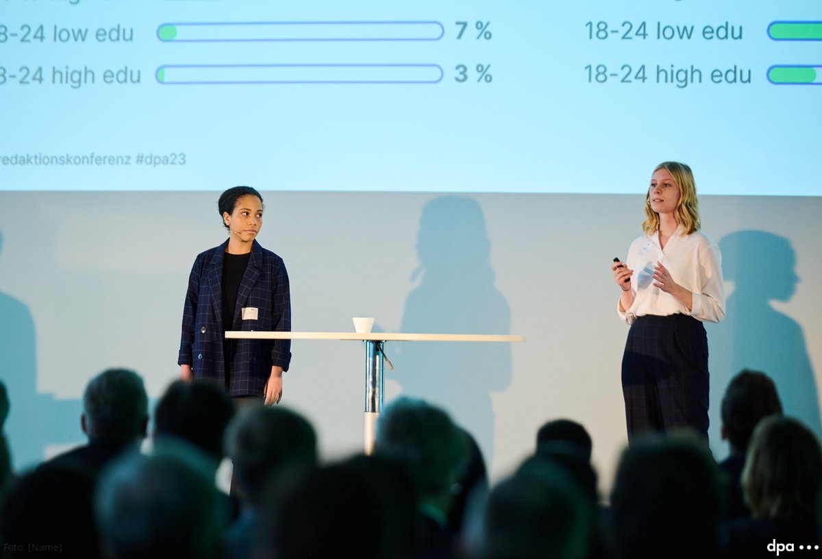 Die Initiative #UseTheNews, die Nachrichtenkompetenz in der Generation Z fördert, wird bei #dpa23 von @RiekeSmit und Joyce Noll vorgestellt. Sie fordern: mehr Transparenz, ausgewogenere und breitere Berichterstattung, Inhalte in einfacher Sprache: „Für die GenZ und von der GenZ.“