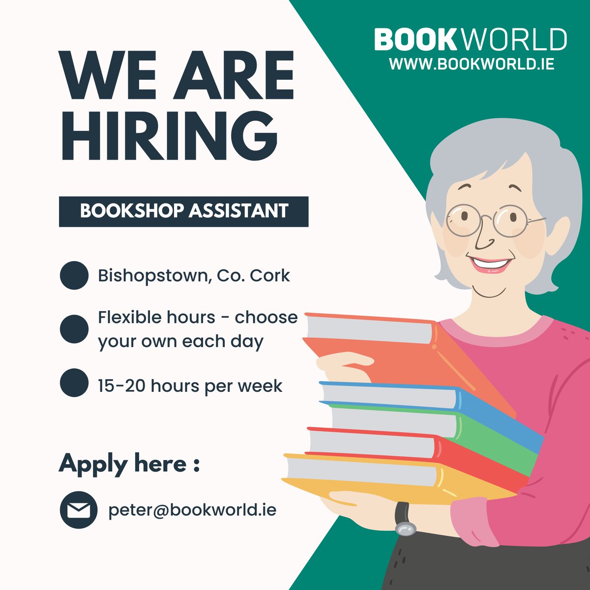 We are delighted to announce that we are hiring! #JobFairy If you are interest please send your CV to peter@bookworld.ie - Would suit somebody who needs flexibility in the working hours.

#bookworldireland #jobfairycork #jobsearch #jobfairyireland