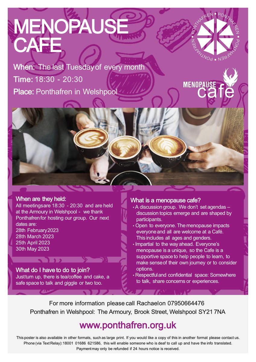 A new Menopause Cafe has opened in #Welshpool. The menopause impacts everyone & all are welcome! 

6.30pm last Tues of every month at The Armoury.

Brought to you by the amazing team at @ponthafren it's a safe place to chat & have a giggle or two! 😀👍

#MidWales #HormoneHealth