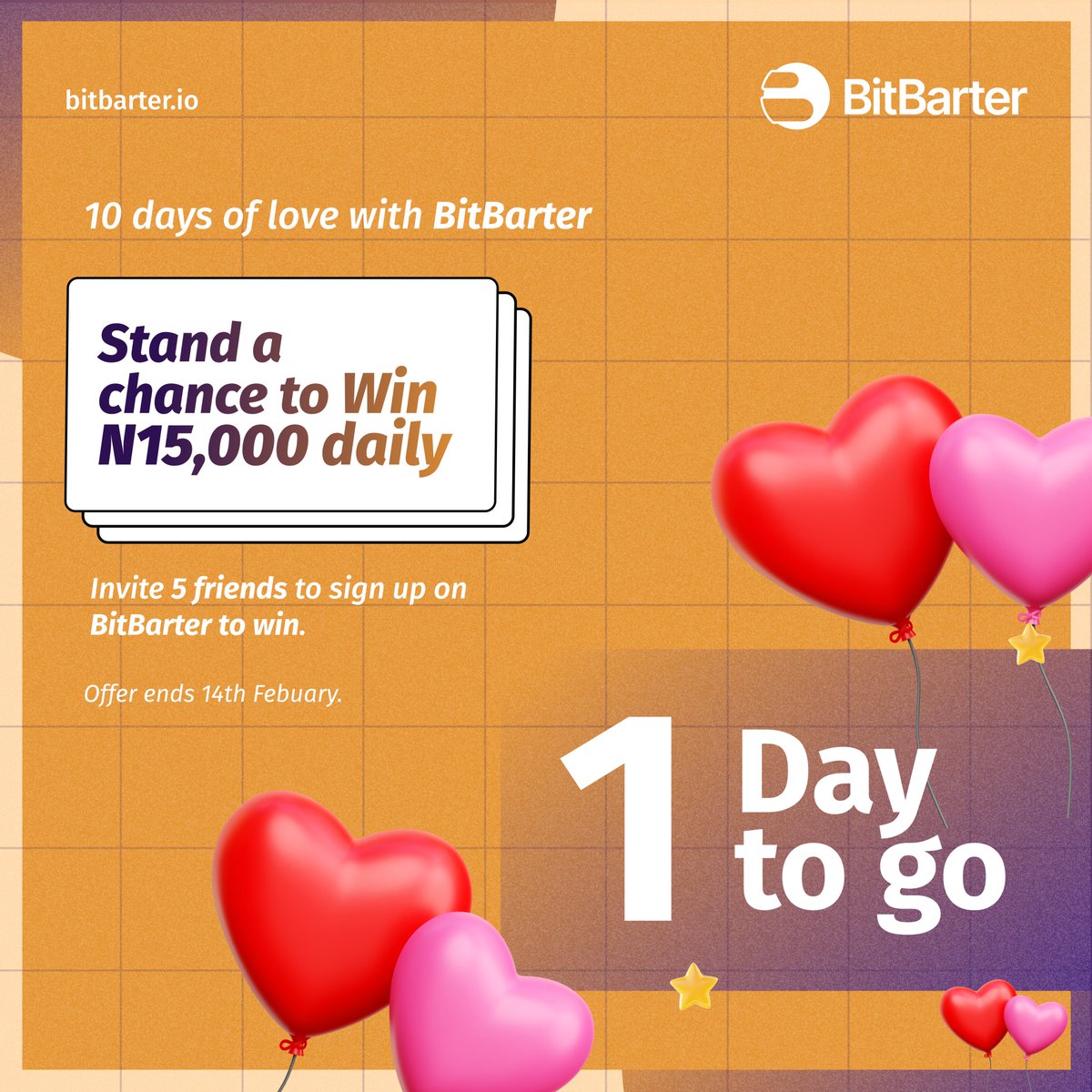 TheBitbarter's tweet photo. Less than 24 hours to go👀
Stop playing.
Enter to win here: https://t.co/ZAGMkE0vdK
#BitBarter #10daysoflove https://t.co/mN2qNarHuJ