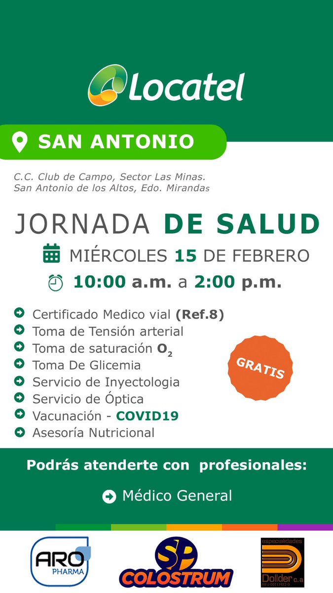 Los invitamos este miércoles 15/02 a participar en la #Jornadadesalud organizada en <a href="/LocatelVzla/">Locatel</a> de #Sanantoniodelosaltos desde las 10 am a las 2pm. 
Ten una Nueva Vida con <a href="/SPcolostrum/">SP Colostrum</a>. -#salud #calostrobovinopuro #sistemainmune