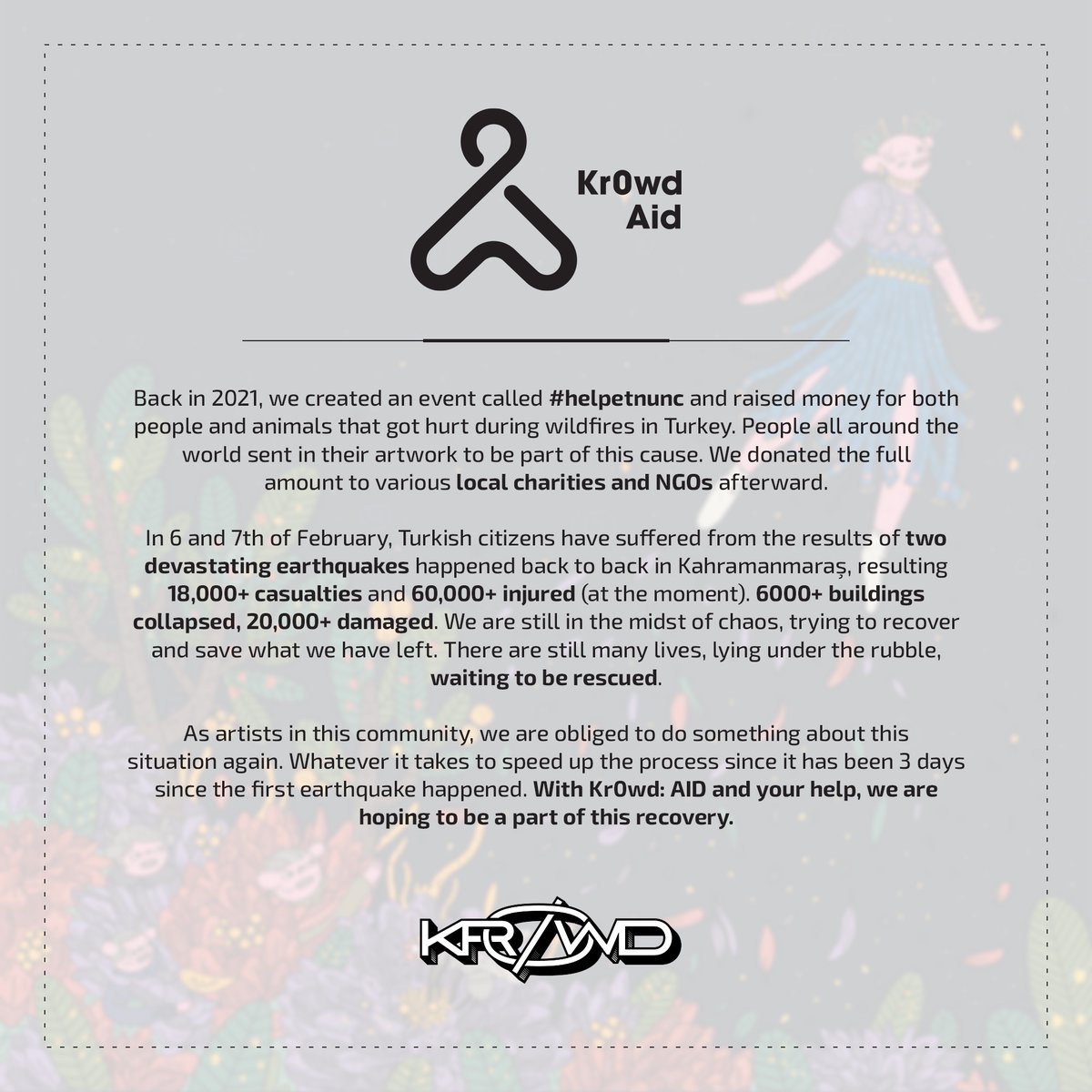 Kr0wded's tweet image. We have 12 hours to go so please keep sharing the drop so we can all raise awareness about this crisis and help those who need it. 

kr0wd.com/AID