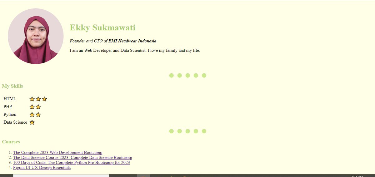 #100DaysOfCode 
<a href="/LondonAppBrewer/">The App Brewery</a> 
<a href="/yu_angela/">Angela Yu</a> 
#Day4 
MasyaAllah Tabarakallah.

-Memilih warna yg cantik di colorhunt.co
-Membuat border titik2 ditengah

#EkkyRestart
#AlonAlonLajengKelakon