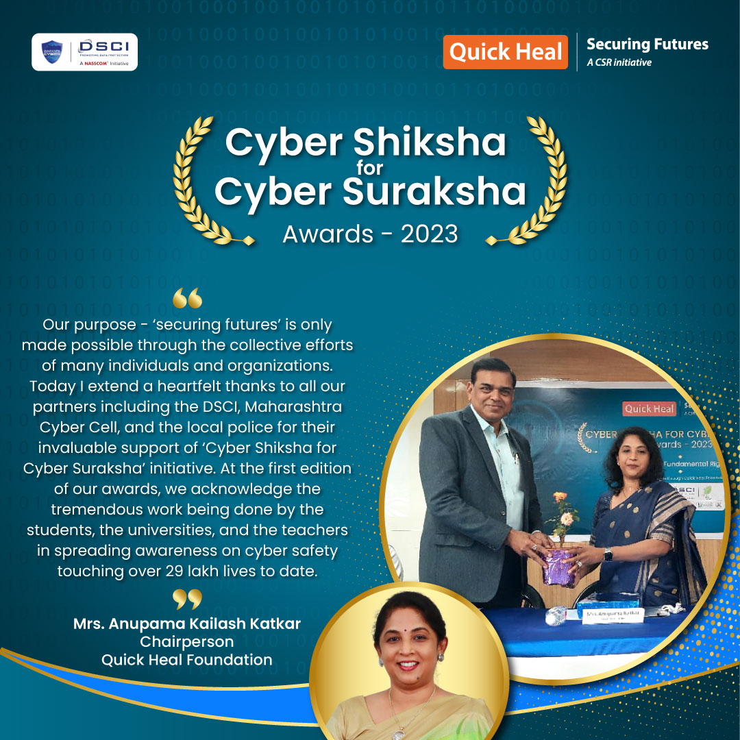 quickheal's tweet image. Welcoming all guests to the Cyber Shiksha for Cyber Suraksha awards 2023 held in KES's Pratibha College, Chinchwad, Pune, Anupama Katkar – Chairperson, #QuickHealFoundation emphasizes the critical need for Cybersecurity awareness in the digital world of today.

#SecuringFutures