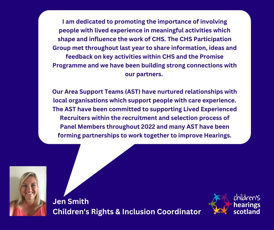 #careday2023
CHS Participation Standards 1. Children's Hearings Scotland will be guided by of lived experience providing a welcoming, person-centered participation package.  

Our Children's Rights &amp; Inclusion Coordinator, Jen Smith, explains more: