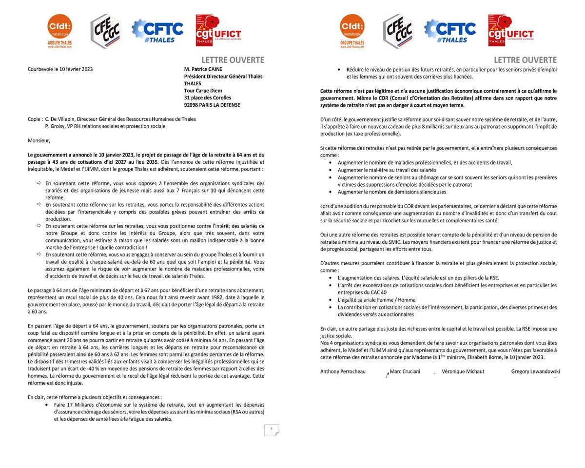 CfdtThales's tweet photo. L'intersyndicale de @thalesgroup interpelle @Patrice_Caine sur la réforme des retraites.
Cette réforme n’est pas légitime et n’a aucune justification économique....
#NonALaReformeDesRetraites
#64ansCestNon
@Cfdt
#fgmm
https://t.co/oLdprC02Tx https://t.co/EaFTyAuVQ3