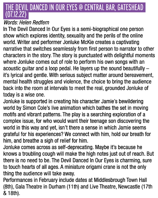 DancedDevil's tweet photo. "Charming, sure to touch the hearts of all ages." As we look forward to sharing #DevilDanced with audiences at #BlythLIbrary, #CramlingtonLibrary &amp; @LiveTheatre this week find out what the lovely folk at @narc_magazine has to say about the show. https://t.co/IoZQnOjkTJ #LGBTHM https://t.co/WdlATrPaMq