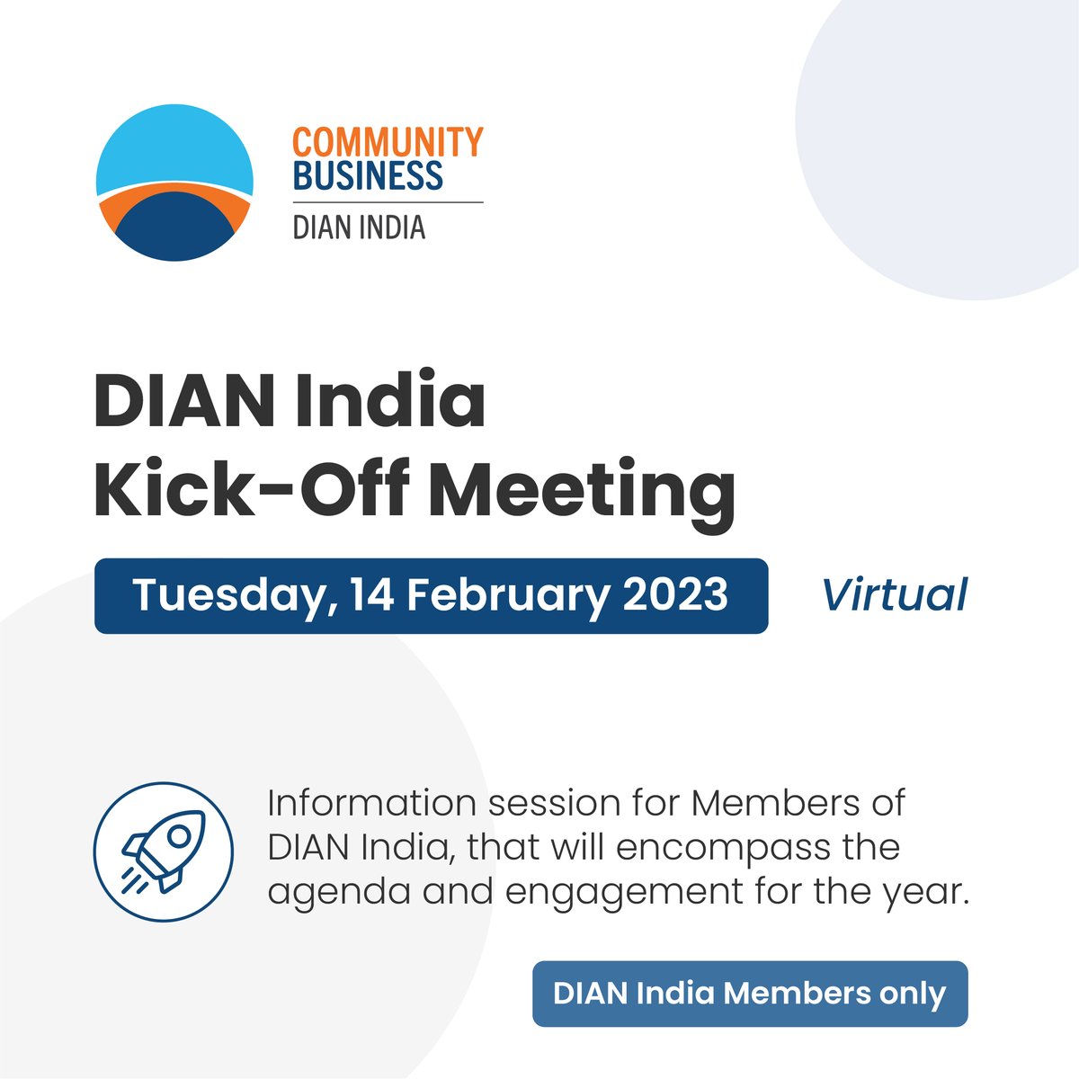 📣DIAN India Kick-off Meeting 
📅Tue, 14 Feb 2023  
👉Find Out More About Our Networks: lnkd.in/gfHy3DFR
------------- 
This event is for DIAN India Members only. Contact us if you want to learn more about DIAN India Membership.