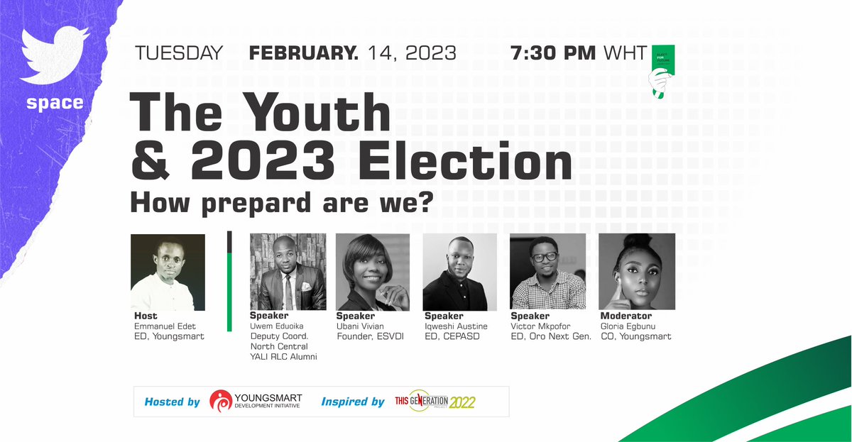 The Youth and 2023 Election, How Prepared, Are We?
The youth population tops the eligible registered voters chat with over 37 million plus at 37% against other age groups. 

Join us tomorrow to engage and make your input on the conversation. 

#ElectForFuture
#ThisGenCivicFellow