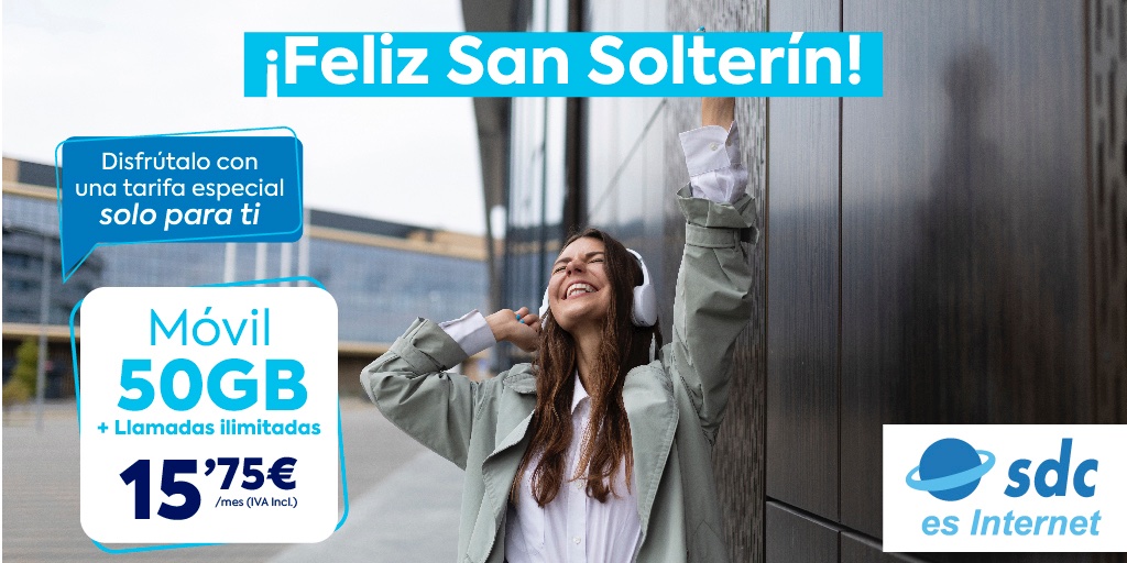 sdc_antenas's tweet photo. ¡Feliz San Solterín!😁
Disfrútalo con una #tarifa #especial solo para ti. Tarifa #móvil📱 50GB con #llamadas ilimitadas por solo 15,75€/mes (IVA Incl).
.
.
#ahorro #SanSolterín #soltero #phone #teléfono #telefonía #operador #teleco #telecomunicaciones #tv #fibra #wifi #internet https://t.co/YzKFJFTMew