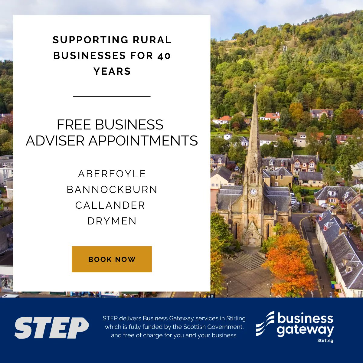Working with <a href="/StirlingCouncil/">Stirling Council</a> these 1-2-1 meetings are an opportunity for businesses to discuss their business with an adviser.
Callander - buff.ly/3EdZKYO 
Aberfoyle - buff.ly/3CnzwCb 
Bannockburn - buff.ly/3E72eID 
Drymen - buff.ly/3fyzbUd