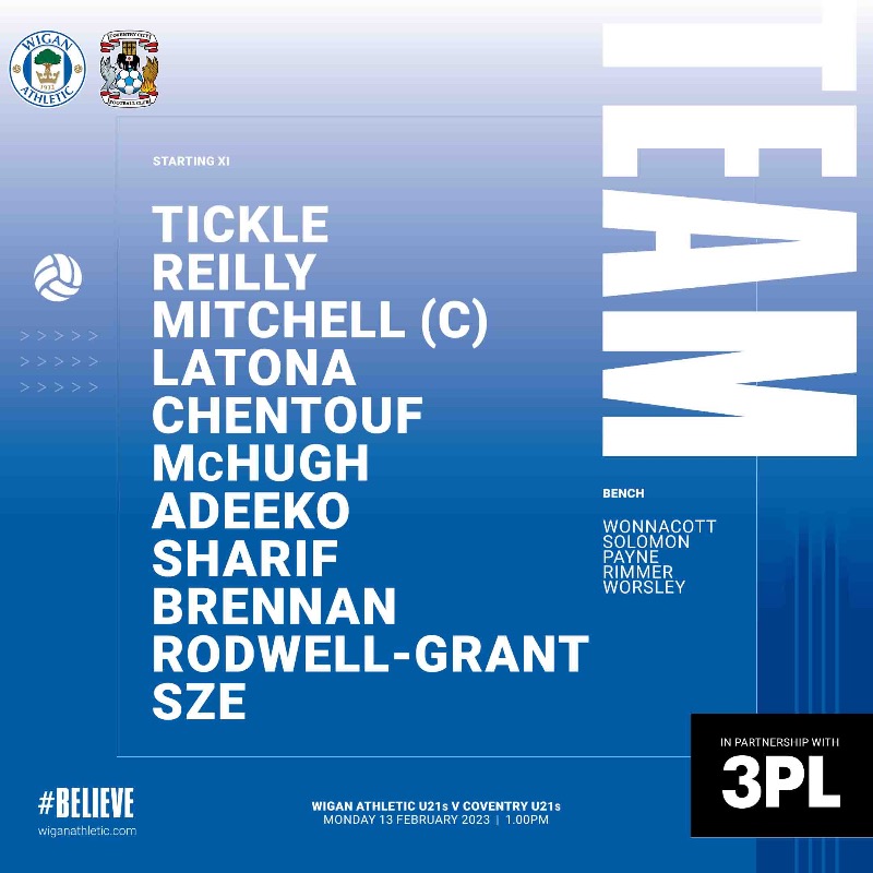 LaticsOfficial's tweet photo. 📋 Here is our U21s team news for this afternoon's Professional Development League fixture against Coventry City…

👊🏻 Good luck lads! 

Updates to follow 👇🏼

#wafc🔵⚪️ #BELIEVE