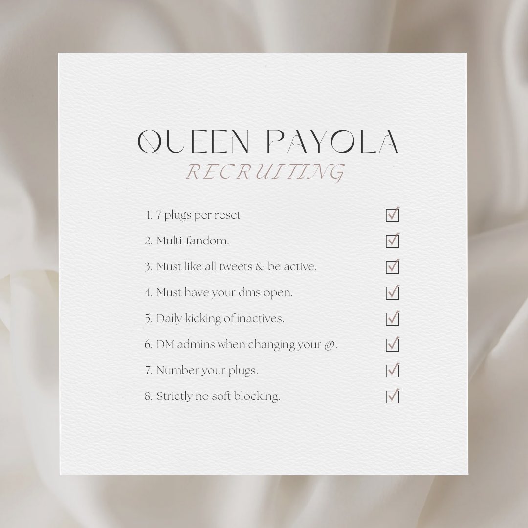 QUEEN PAYOLA IS RECRUITING ACTIVE MEMBERS!
- 60+ likes 
- multi fandom 
- must be active 
- MBF <a href="/queensIikes/">QUEEN</a> 
- MUST have your dms open &amp; following us! 

RT &amp; reply to join - adding in 24 hours!