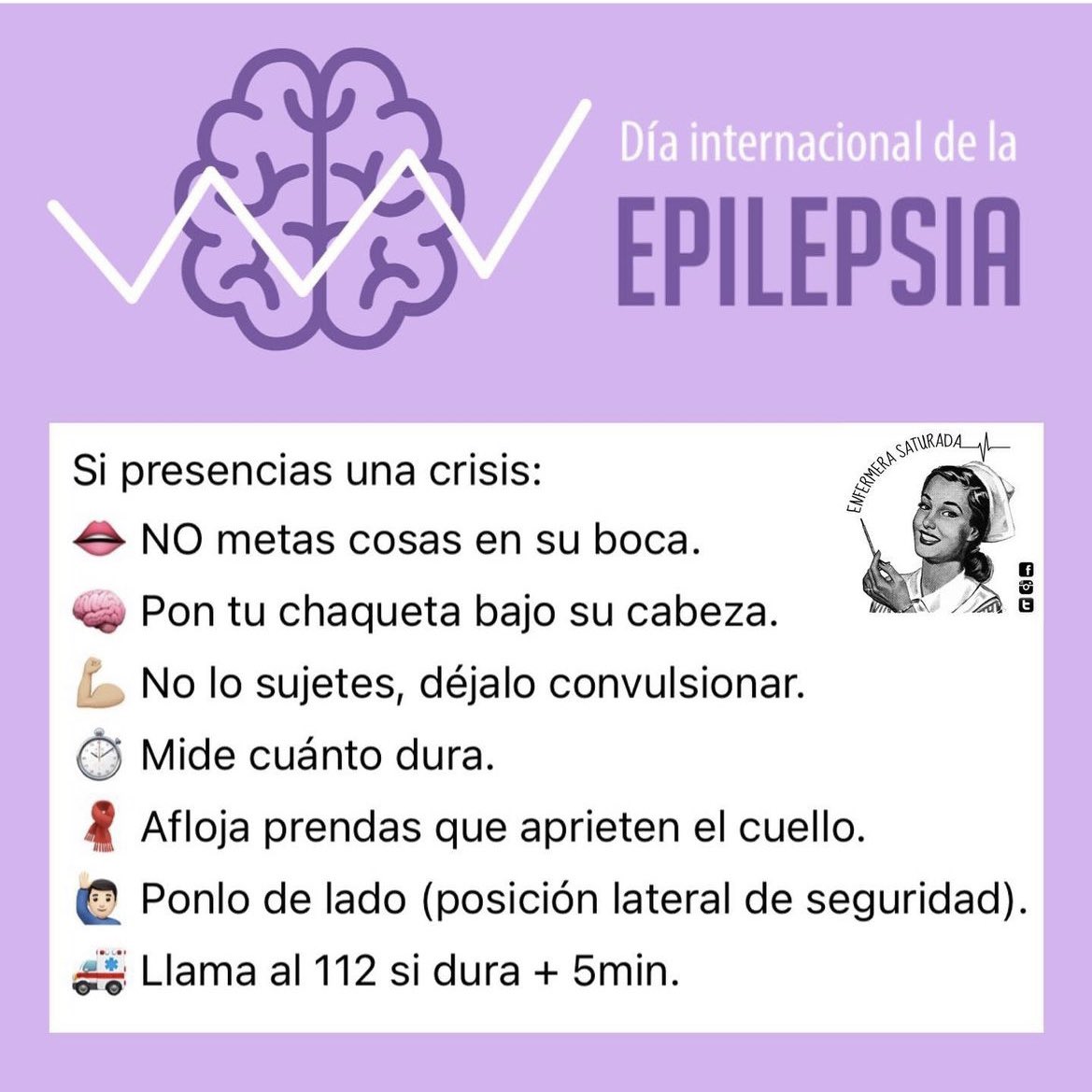 EnfrmraSaturada's tweet photo. Cada segundo lunes de Febrero se celebra el #DiaInternacionalDeLaEpilepsia
🧠
Un buen momento para recordar qué hacer si alguien convulsiona delante de ti. https://t.co/Ohl09ELbNl