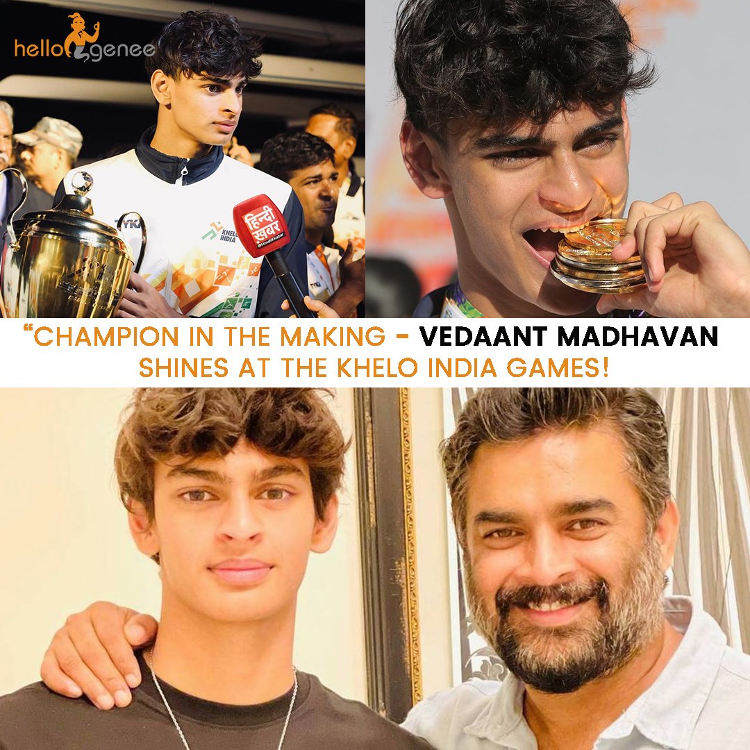 hellogenee's tweet photo. 7 medals, 5 gold and 2  silver. He is a national-level swimmer, a made his father R. Madhavan and the Nation proud. The young talent Vedaant Madhavan, the son of R. Madhavan is making waves at the Khelo India Youth Games of 2023, 
#vedaantmadhavan #madhavan #rmadhavan #india #gem https://t.co/BfUTRtWKru