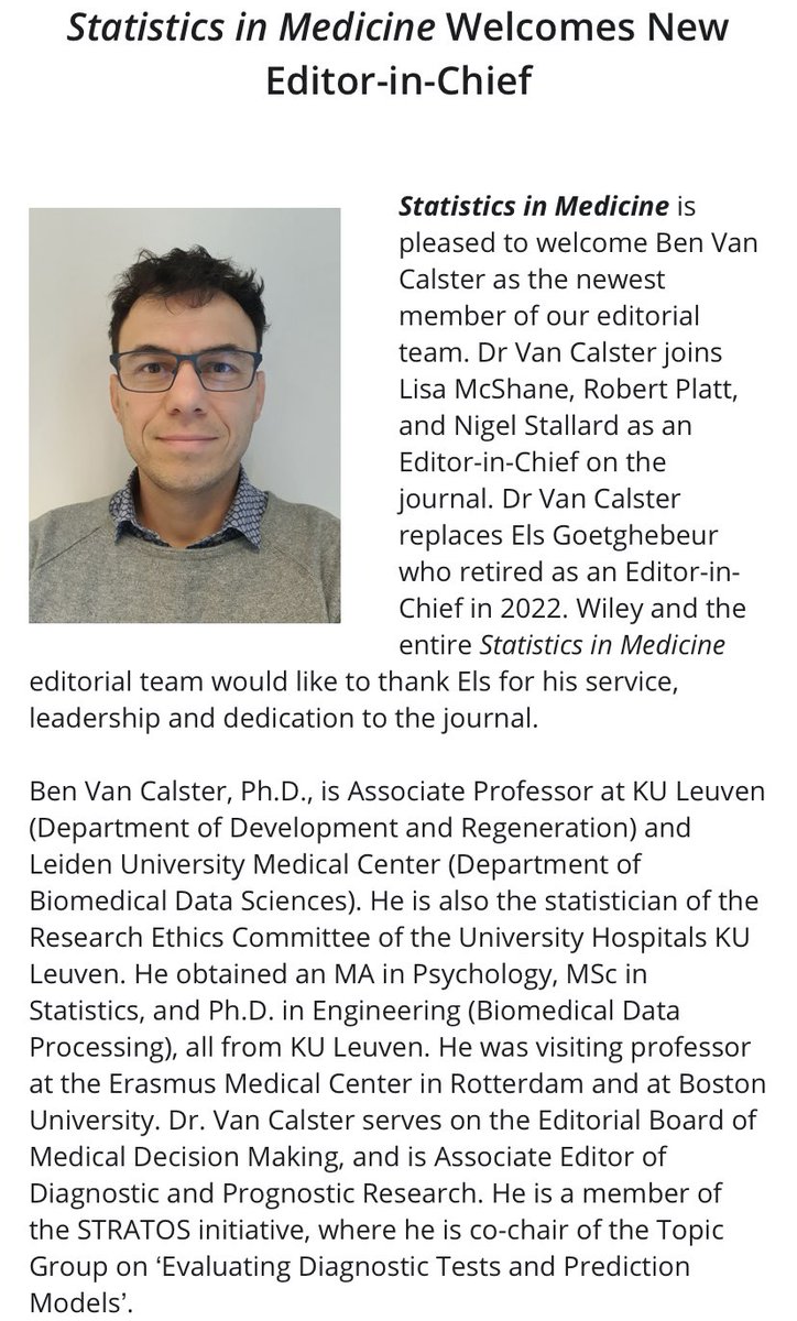 Maarten van Smeden (@maartenvsmeden) on Twitter photo Proud of my humble friend (he would probably not announce this himself) and collaborator <a href="/BenVanCalster/">Ben Van Calster</a> for becoming an Editor in Chief for the prestigious Statistics in Medicine journal Proud of my humble friend (he would probably not announce this himself) and collaborator <a href="/BenVanCalster/">Ben Van Calster</a> for becoming an Editor in Chief for the prestigious Statistics in Medicine journal
