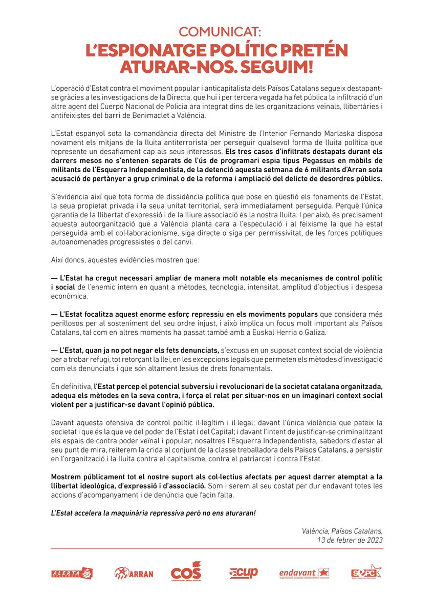 📝 COMUNICAT de l'Esquerra Independentista davant el tercer cas d' #EspionatgedEstat .

Tot el nostre suport als col•lectius afectats: 

L'ESTAT ACCELERA LA SEVA MAQUINÀRIA REPRESSIVA, PERÒ NO ENS ATURARAN 👊🏼