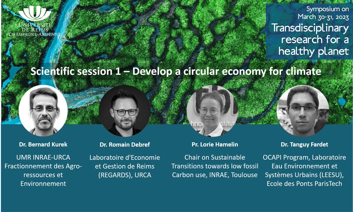 The Symposium "Transdisciplinary Research for a Healthy Planet"  will continue with the 1rst scientific session "Develop a circular economy for climate" with speaker from <a href="/FARE_Reims/">FARE lab</a> <a href="/INRAE_Nancy/">INRAE Grand Est - Nancy</a>  <a href="/INRAE_Tlse/">INRAE Occitanie-Toulouse</a> <a href="/laboLeesu/">leesu</a> 
Register to meet our speakers ! 
symposium-tr4hp.sciencesconf.org