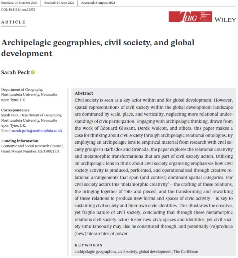 10/ 'Archipelagic geographies, civil society and global development' by @s_g_peck (@NUIntDev) is the eighth regular paper in this issue #TIBG #openaccess : doi.org/10.1111/tran.1…