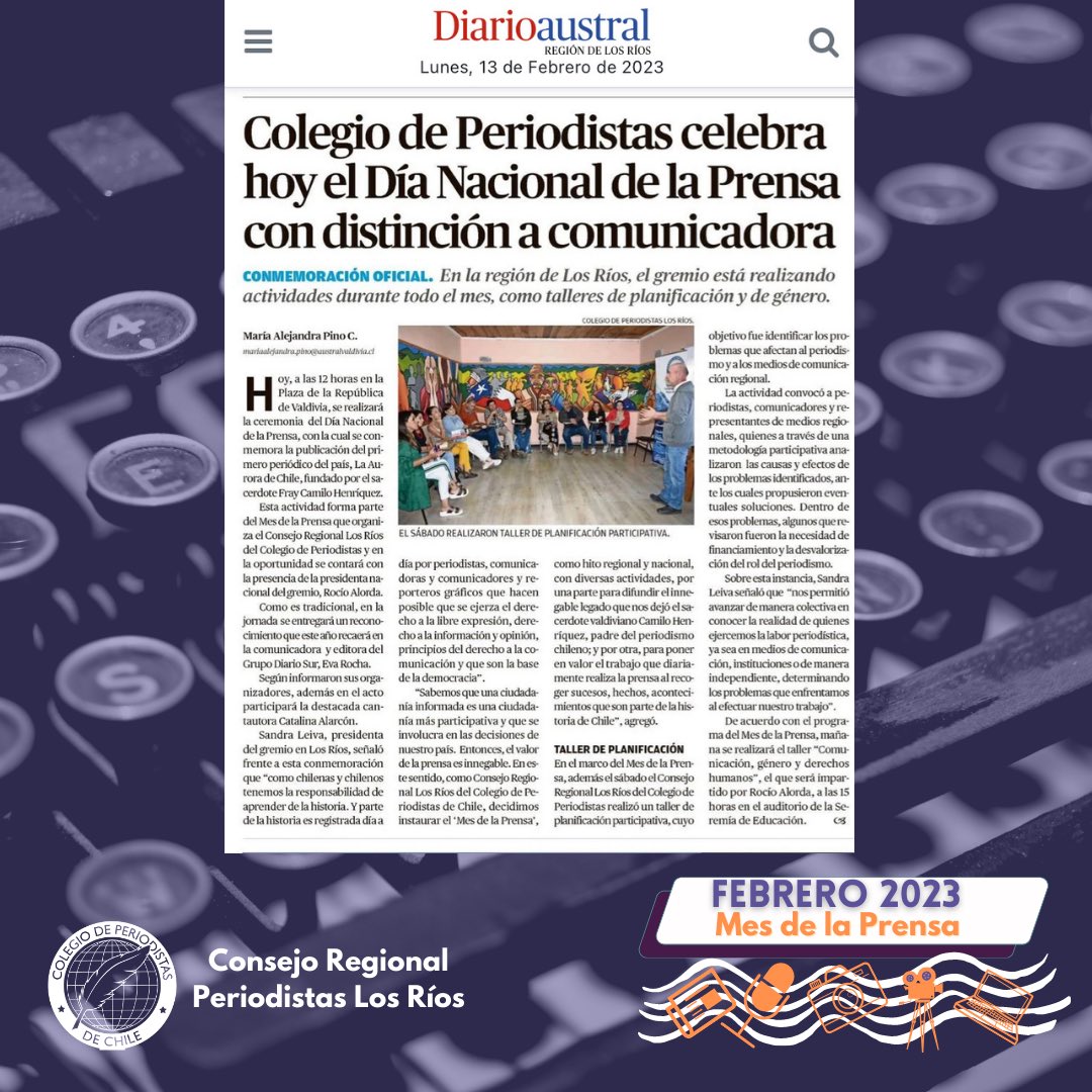 📰 Agradecemos al Diario Austral de Los Ríos por la cobertura de hoy de nuestras actividades desarrolladas en el Mes de la Prensa y destacando la jornada que viviremos hoy, en el Día Nacional de la Prensa.🎉

📣Les esperamos hoy a las 12:00 hrs en la Plaza de #valdiviacl