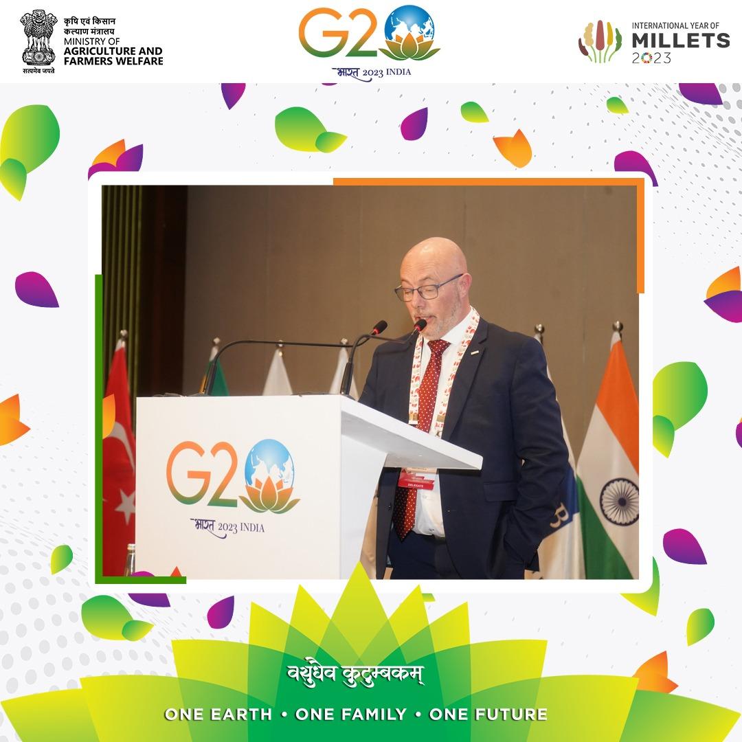 AgriGoI's tweet photo. Mr. John Hugh Spink from the Wheat initiative, talked about the importance of improving crop breeding and production technologies to overcome, increasingly variable climate and rising costs of Agri. inputs at the 1st ADM held at Indore
#G20agri2023 
@g20org https://t.co/Y0Ijzuo5o3