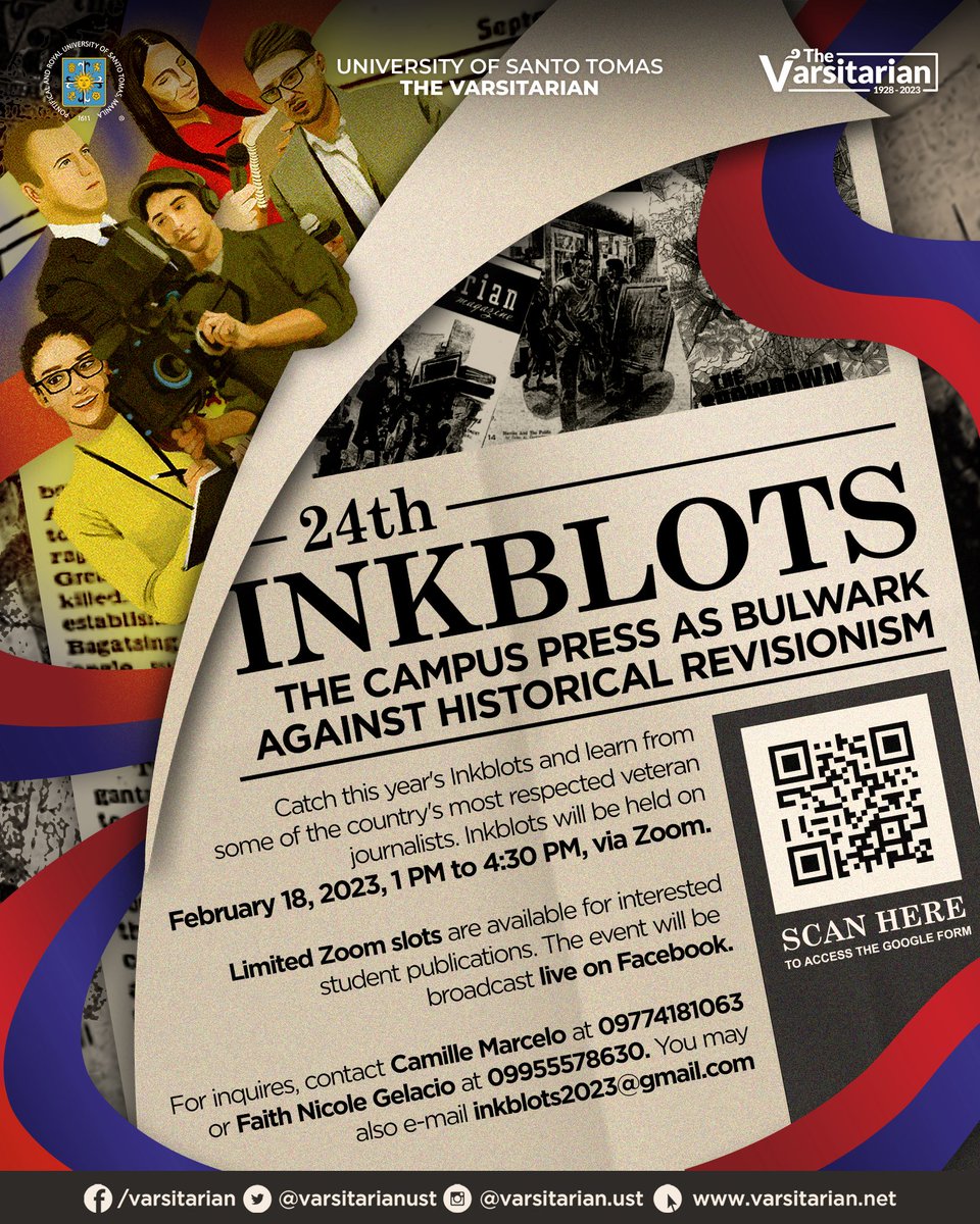 varsitarianust's tweet image. LAST CHANCE TO REGISTER

The Varsitarian invites you to the third Inkblots webinar. The virtual event will be held on February 18 from 1 p.m. to 4:30 p.m. via Zoom and will be broadcast live on Facebook.