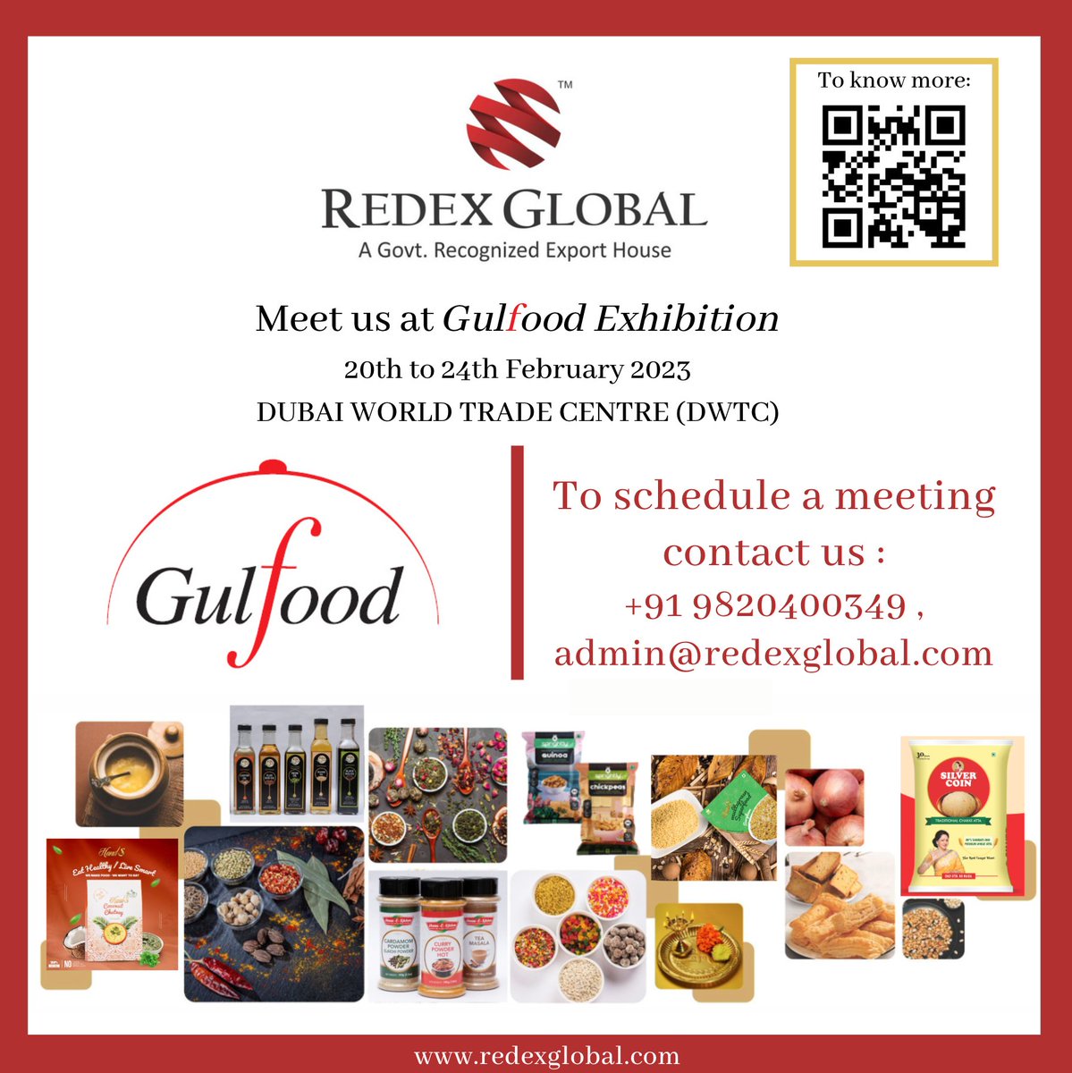 RedexGlobal's tweet photo. We're pleased to announce that @RedexGlobal will be at @gulfood_group 2023,

Date : 20th-24th Feb 2023 
Venue : Dubai World Trade Centre (DWTC)

To schedule a meeting :
Call/WA : +91 9820400349
Mail : admin@redexglobal.com
Web : https://t.co/bxe2ARrsqk

#Gulfood2023 #RedexGlobal https://t.co/lb6eHrICXP