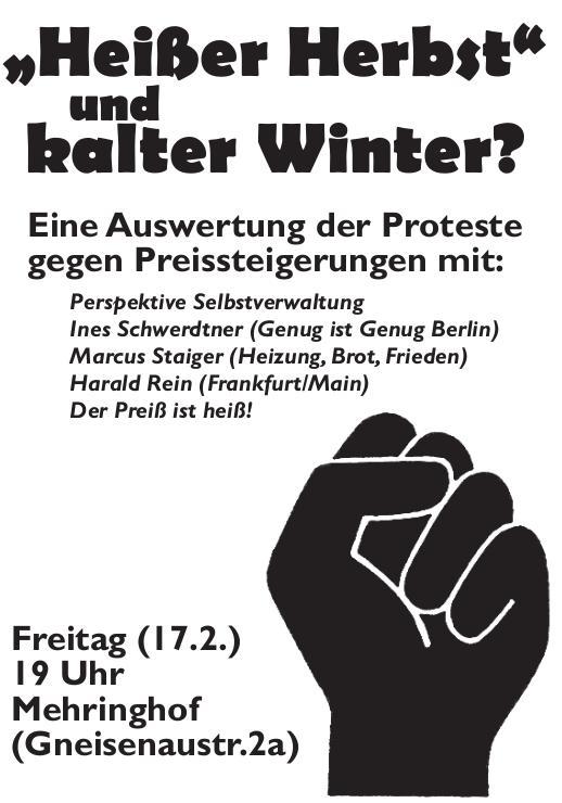 nk_12049's tweet photo. Veranstaltung „Heißer Herbst“ und kalter Winter? – Eine Auswertung der Proteste gegen Preissteigerungen.
Freitag, den 17.2.2023 um 19 Uhr im Versammlungsraum Mehringhof,
Gneisenaustr.2a
infos: https://t.co/1t8AnQ6sGP
#b1702 #Preisproteste #Umverteilen https://t.co/12tRM3cgCF