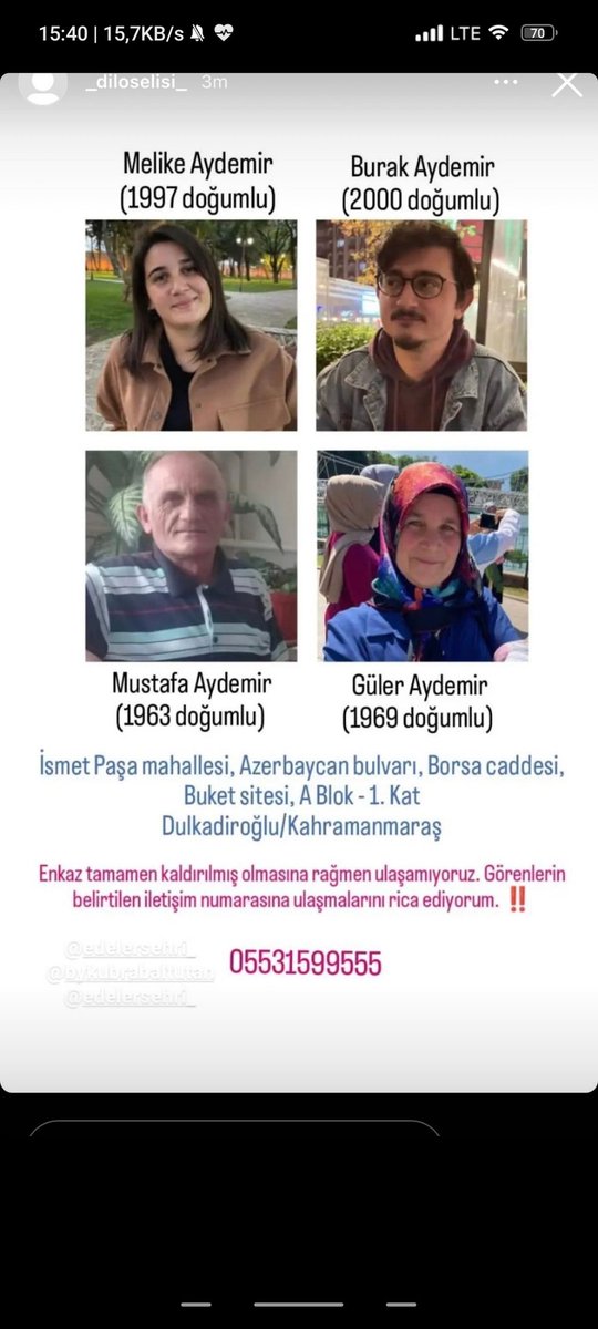 _gulcelik's tweet photo. @halktvcomtr @ahbap @haluklevent 
Enkaz kaldırıldığını öğrendik ama hiç bir şekilde ulaşamıyoruz. Lütfen duyuralım.🙏🙏 https://t.co/8GTC5ofEct