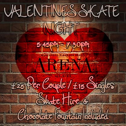 ❤️🌹❤️🌹Valentines Skate Night 🌹❤️🌹❤️

£25 for couples 👨‍❤️‍👨👩‍❤️‍💋‍👩👩‍❤️‍💋‍👨
£15 for singles looking for love 🙋🏻‍♂️🙋‍♀️💝

Includes :-
Skate Session 🧊
Skate Hire ⛸️
Chocolate Fountain 🍫⛲️

Book Here👇

bookings.pleasurebeacharena.co.uk/shows/ticket/p…

#ValentinesDay #ValentinesDay2023 #love #iceskating #blackpool