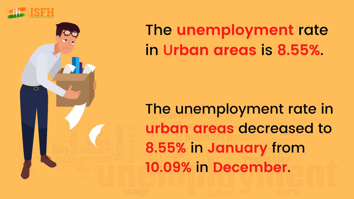 ISFHFoundation's tweet photo. According to cmie, the unemployment rate in urban areas in 2023 decreased to 8.55% in January from 10.09% the previous month while the rate in rural areas decreased to 6.48% from 7.44%.
#isfhfoundation #isfh #unemployment #cmie #unemlpoymentrate #governmentofindia #NPO #nonprofit https://t.co/4YdOIymU8W