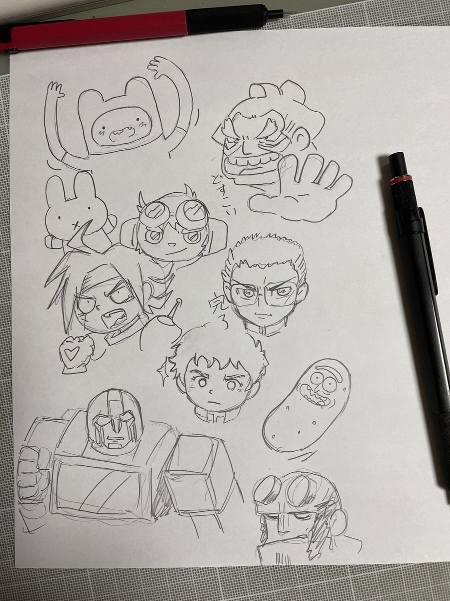 アドベンチャータイムのフィンとミッフィーと本田さんとジロンアモスとドモンカッシュと葉隠覚悟とアムロレイとアイアンハイドとヘルボーイとピクルスになったリック。10にん 
